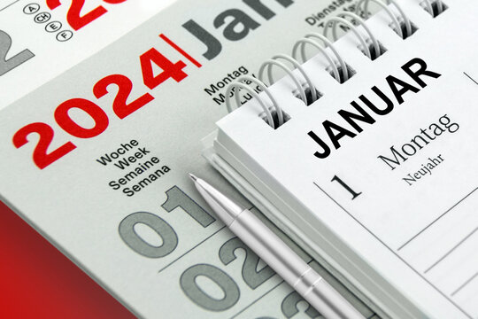 Deutscher Kalender 1. Januar 2024  Montag Neujahr mit Kugelschreiber