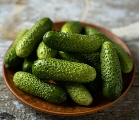 Green cucumbers on a plate, old wooden background, square format, top view