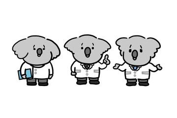 手書き風働くコアラのキャラクター　医療従事者のセット