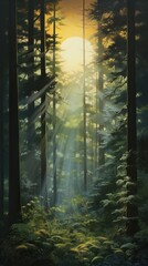 Obraz premium Ethereal forest: early sunbeams dance amidst the enveloping morning fog
