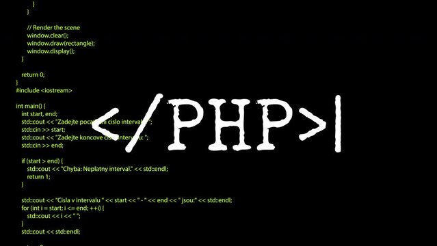 php text and code running down a computer screen terminal.4K motion animation.