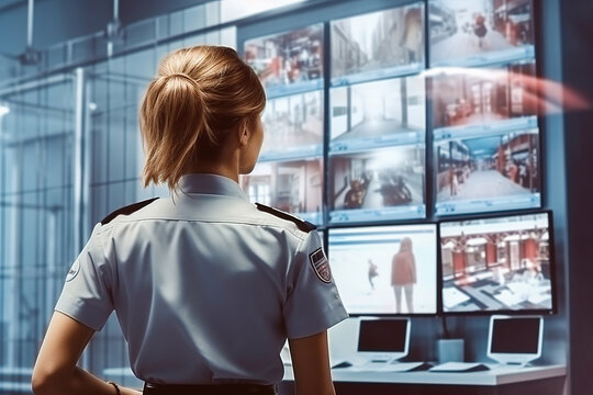 A female security guard looks at the camera monitors in the security room.