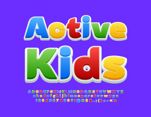 Vector bright emblem Active Kids with creative Alphabet Letters, Numbers and Symbols set. Colorful trendy Font