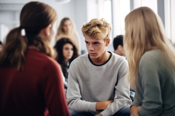 a teenage boy attentively looks at his female friend in a group therapy session