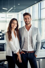 two business people colleagues stand side by side at a desk in their modern office