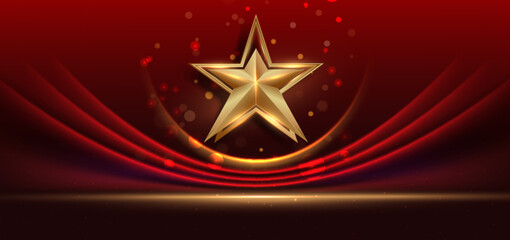 Elegant gold star with red curved shape lighting effect and sparkle. Template premium award design.