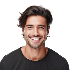 casual man with dark hair smiling at the camera, white background, happy, dental, handsome