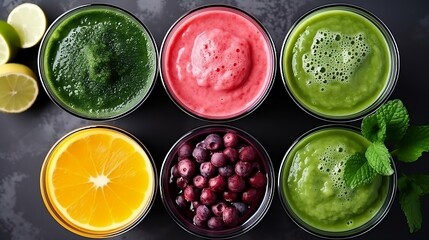 Multicolored smoothies and juices from vegetables, fruits and berries
 - obrazy, fototapety, plakaty