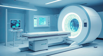 medical examination technology of future. Medical equipment of future. MRI scan machine, future medicine concept. human enhanced. Generative AI