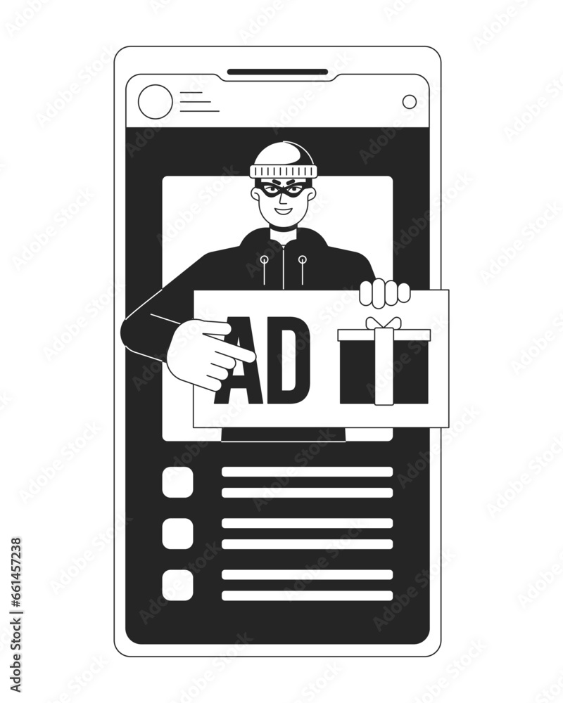 Poster advertising fraud bw concept vector spot illustration. calling for click on ad. smartphone 2d cartoo