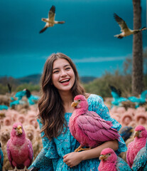 happy woman laughing surrounded by a lot of birds