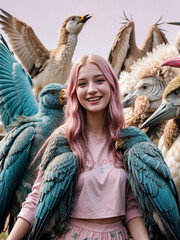 smiling woman surrounded by a lot of birds