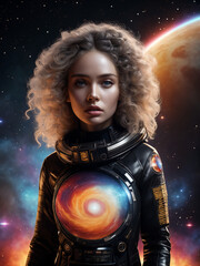 woman with fluffy hair in an astronaut costume with space and a planet on the background