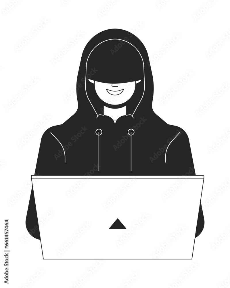 Poster hacker in hood smiling flat line black white vector character. coding on laptop. cyberspace. editabl