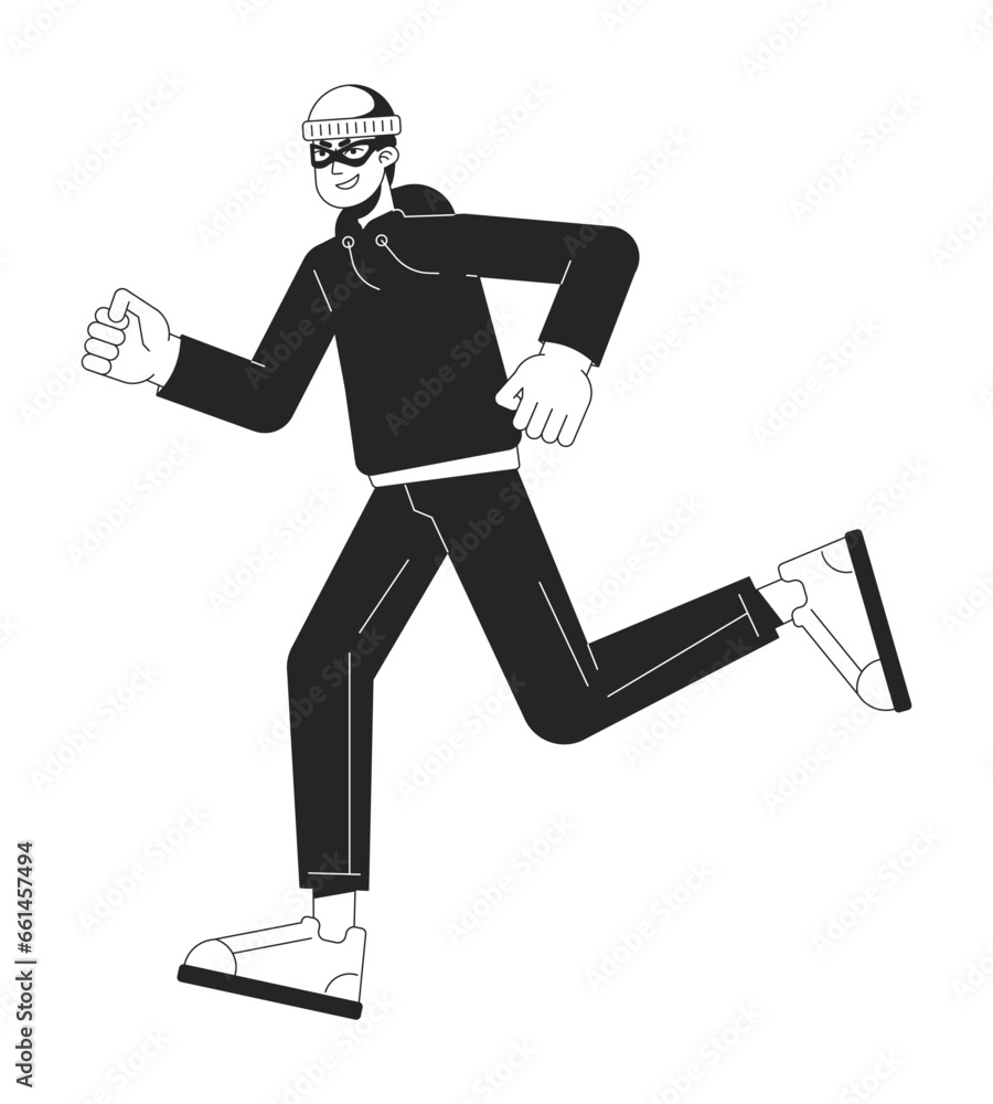 Poster man in mask running flat line black white vector character. hacker. editable outline full body perso