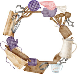 Watercolor baking tools frame. Hand drawn round wreath template with cooking utensils. Rolling pin, apron, spatula, oven mitts, whisk, cookie cutters, mixing spoon isolated on transparent background