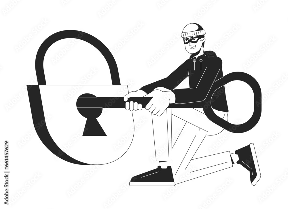 Poster unlock padlock by key bw concept vector spot illustration. hacker in mask trying to open lock 2d car