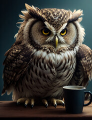 Obraz premium An owl sitting at the bar on a table leaned over a cup of coffee. Ruffled and shaggy owl, generated AI.