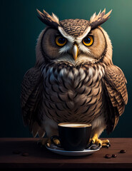 Obraz premium An owl that sits at a table in front of a cup of coffee. Ruffled and shaggy owl, generated AI.
