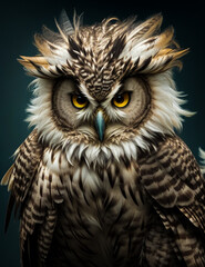Obraz premium Shaggy Owl watches with a steady gaze. Ruffled and shaggy owl, generated AI.
