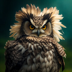 Obraz premium Aggressive Owl close-up that looks forward. Ruffled and shaggy owl, generated AI.