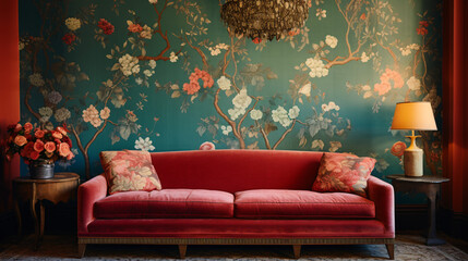 A living room with a red couch and floral wallpaper - obrazy, fototapety, plakaty