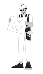 Fototapeta premium Home builder holding blueprint black and white 2D line cartoon character. African american male construction worker isolated vector outline person. Present scheme monochromatic flat spot illustration