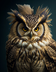 Obraz premium The owl that sits and watches has feathers sticking out on all sides. Ruffled and shaggy owl, generated AI.