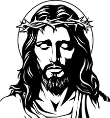 Jesus with crown of thorns silhouette. Black and white laser cutting vector template.