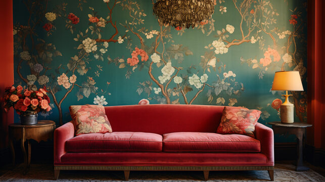 Fototapeta A living room with a red couch and floral wallpaper