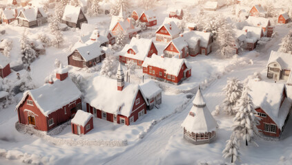 Christmas winter fairy village landscape, Greetings card style snowy Christmas village scene