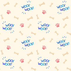 Dog paw prints, bones and woof-woof lettering seamless pattern