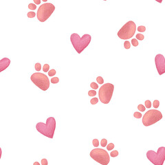 Paw print pattern. Pink cat foot steps and hearts isolated on white background. Seamless pattern, hand drawn illustration.