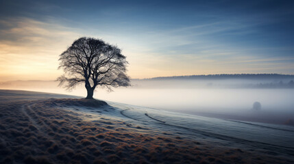 A lone tree in a foggy field