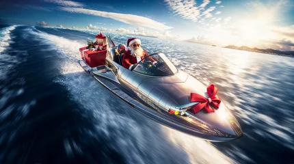Poster Santa claus riding a futuristic silver boat, christmas gifts delivery concept, fun © OpticalDesign