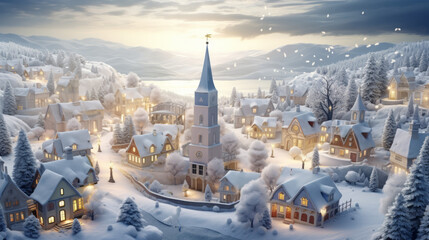 Christmas winter fairy village landscape, Greetings card style snowy Christmas village scene - obrazy, fototapety, plakaty