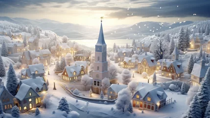 Fotobehang Christmas winter fairy village landscape, Greetings card style snowy Christmas village scene © MD Media