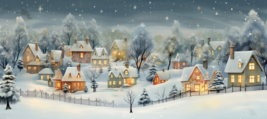 Christmas winter fairy village landscape, Greetings card style snowy Christmas village scene