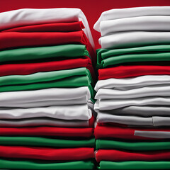 Red, green and white T-shirts lie in a stack.