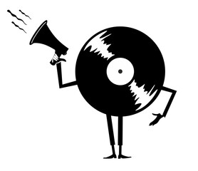 Cartoon long playing record holding megaphone. 
Retro record player. Cartoon long playing record makes announcement to megaphone. Black and white illustration
