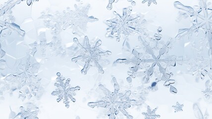 White snowflakes on a plain white or blue background, highlighting their unique symmetrical patterns. SEAMLESS PATTERN. SEAMLESS WALLPAPER.