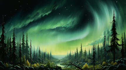 A painting of a forest with a green aurora bore - Powered by Adobe