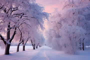 Beautiful christmas winter landscape with sunset in the snowy mountains, trees covered with snow