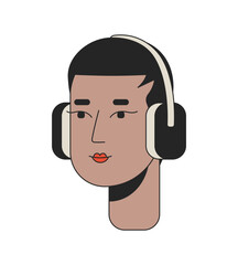 Black short haired woman wearing headphones 2D linear cartoon character head. African american girl dj isolated line vector person face white background. Fade haircut lady color flat spot illustration