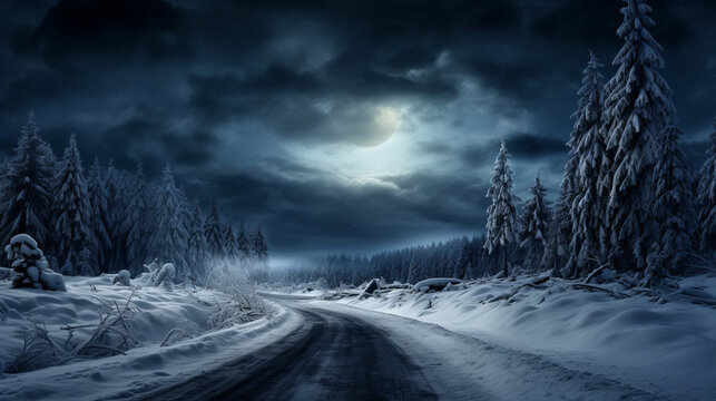 Banner with winter panorama landscape. Forest, trees and road covered snow. Sunrise, wintery morning of a new day. Purple landscape with sunset. Happy New Year and Christmas concep