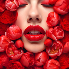 Face of a beautiful woman with pouty lips with red lipstick framed with bright scarlet flowers peonies roses petals. Fashion makeup skin care menstruation female health concept - obrazy, fototapety, plakaty