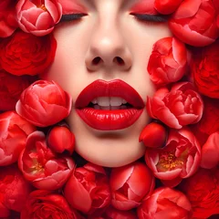 Fotobehang Face of a beautiful woman with pouty lips with red lipstick framed with bright scarlet flowers peonies roses petals. Fashion makeup skin care menstruation female health concept © olindana