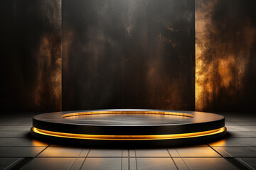 Futuristic luxury background product display golden podium with light effects and dark marble floor Generative AI Illustration - obrazy, fototapety, plakaty