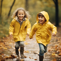 Happy smiling children in yellow raincoat and rain boots running in puddle an autumn walk, Generative AI