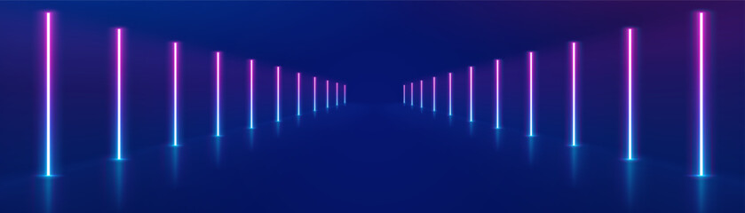 Neon lights frame, tunnel corridor portal. The geometric contour of the glow forms laser luminous lines. Vector background of road illuminates glowing light line with neon lamp in futuristic style.